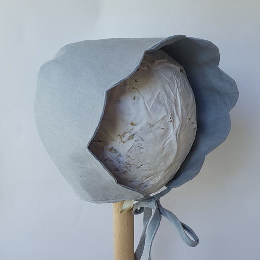 Duck Egg Blue Linen Baby Bonnet, With Scallop Brim, Size L, Ready to ship.