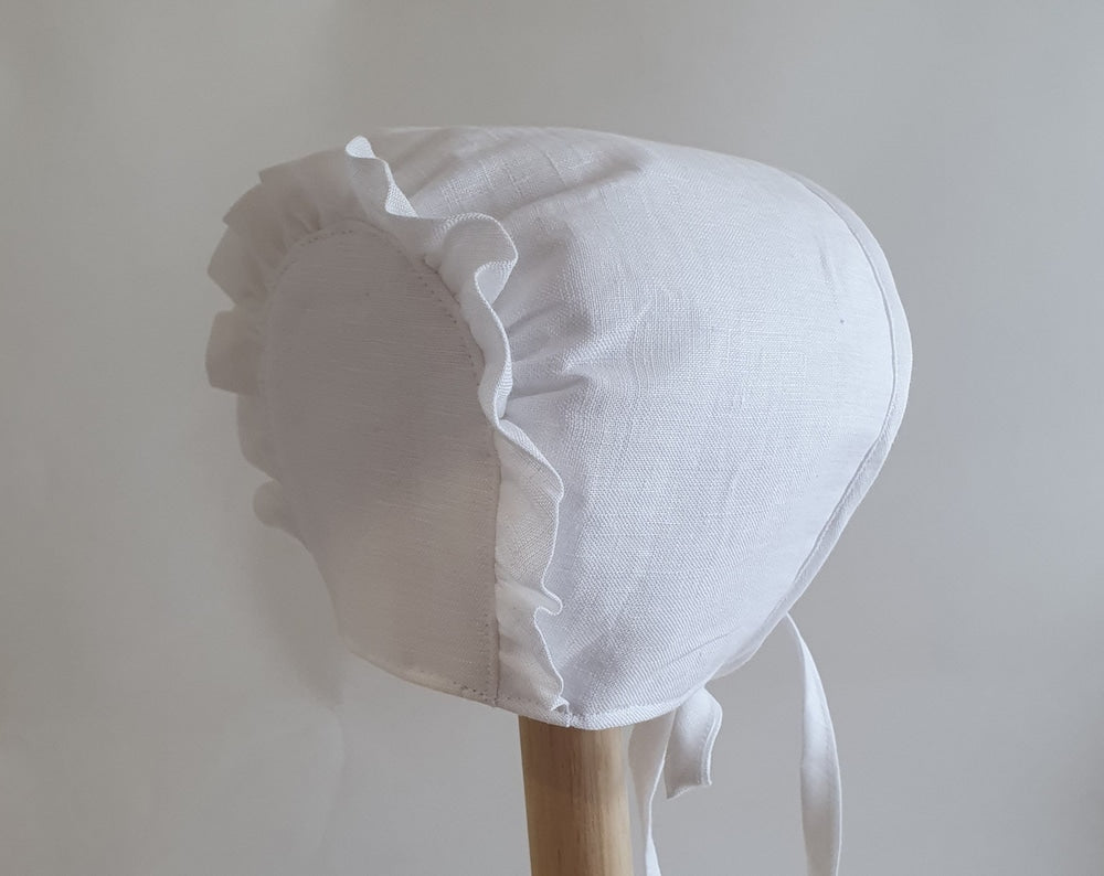 Ready to Ship, Size XXS, White Linen Baby Bonnet, With Ruffle Trim