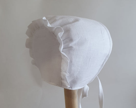 Ready to Ship, Size XXS, White Linen Baby Bonnet, With Ruffle Trim