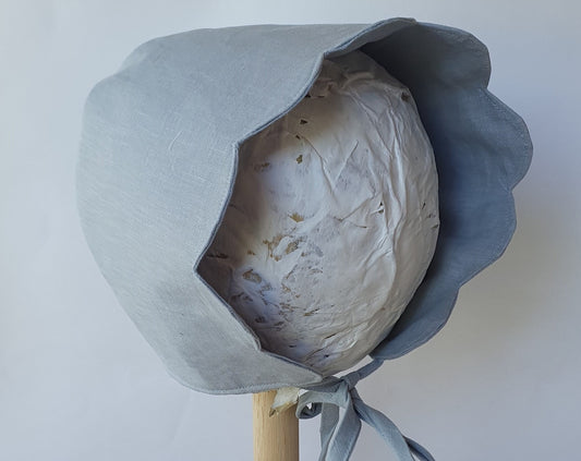 Duck Egg Blue Linen Baby Bonnet, With Scallop Brim, Size L, Ready to ship.